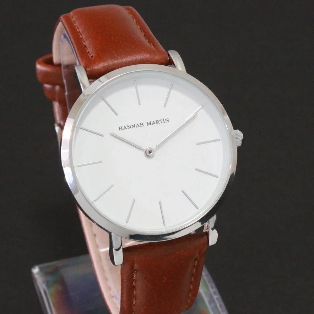 Men's Classic Minimalist 2 Hand Quartz Watch Raised Indices Brown Strap 36mm